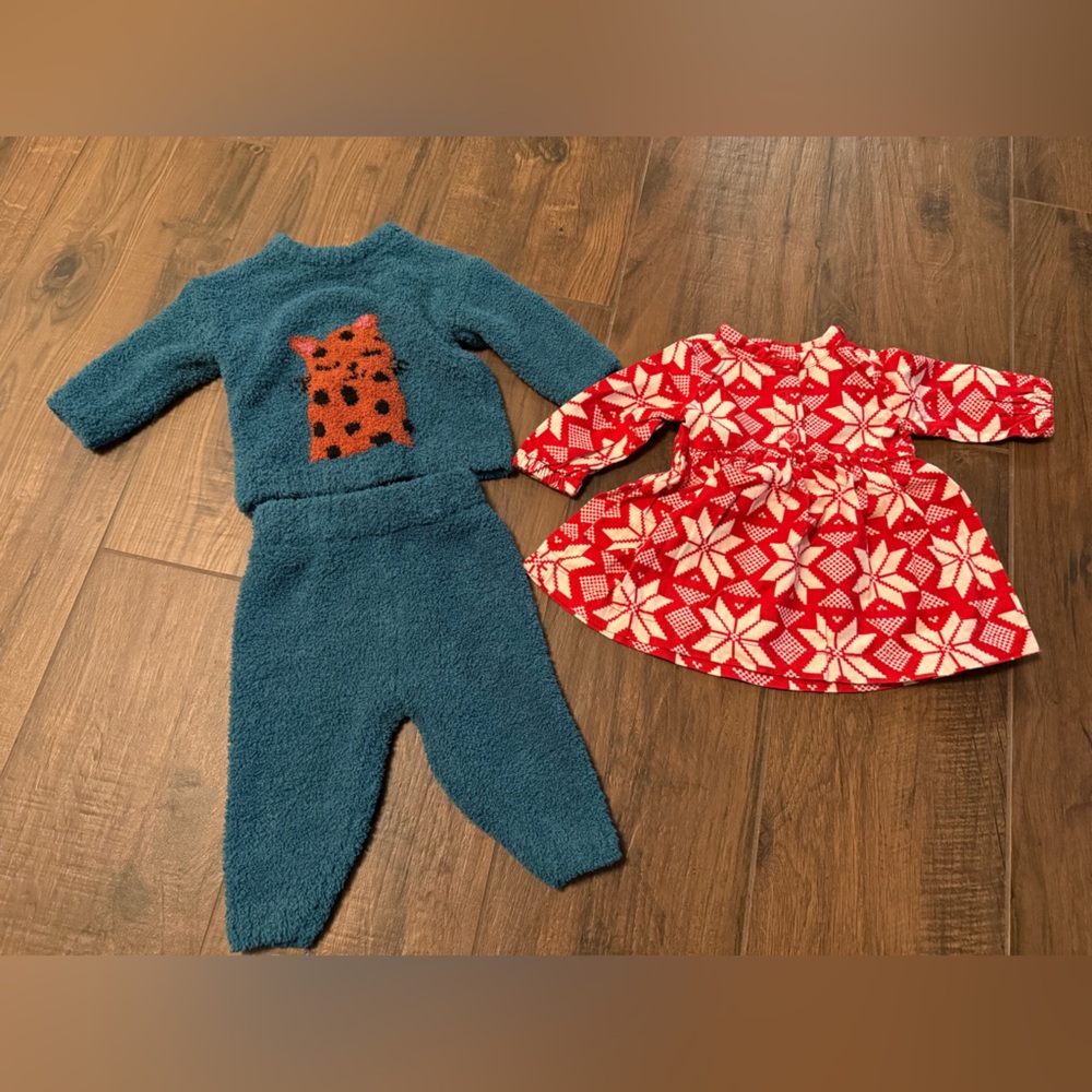 Hanna Andersson Cozy Blue cat Sweater set and Red Snowflake Dress